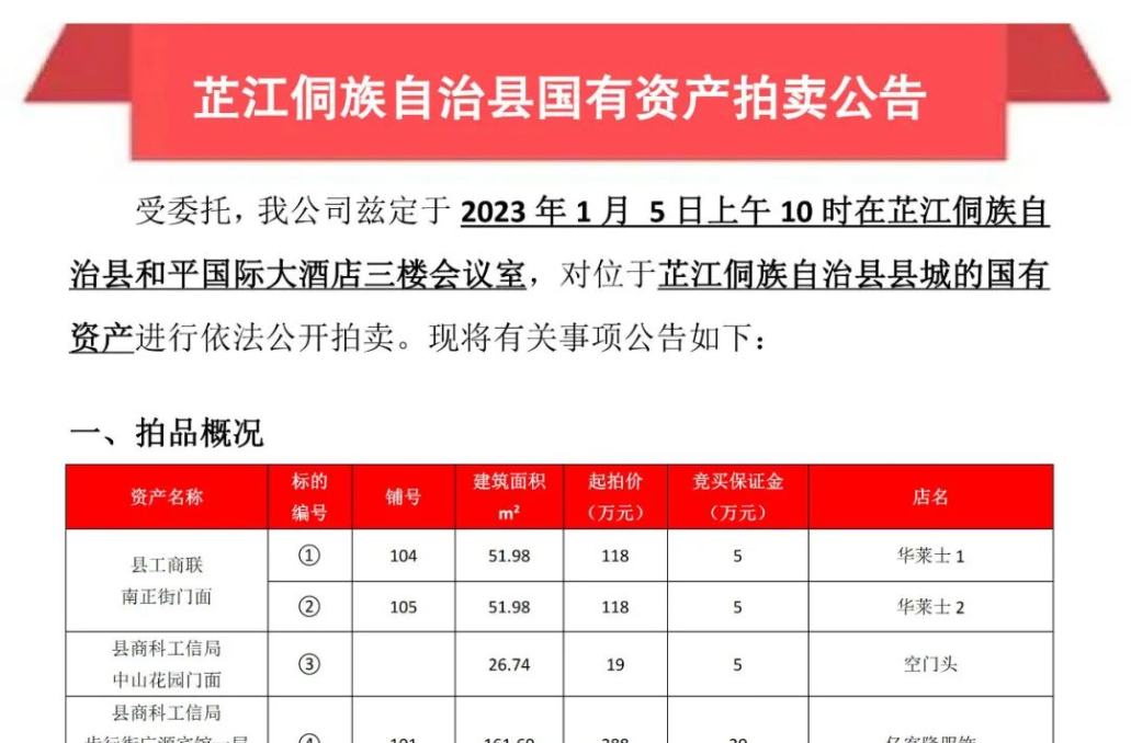 芷江侗族自治县国有资产拍卖公告