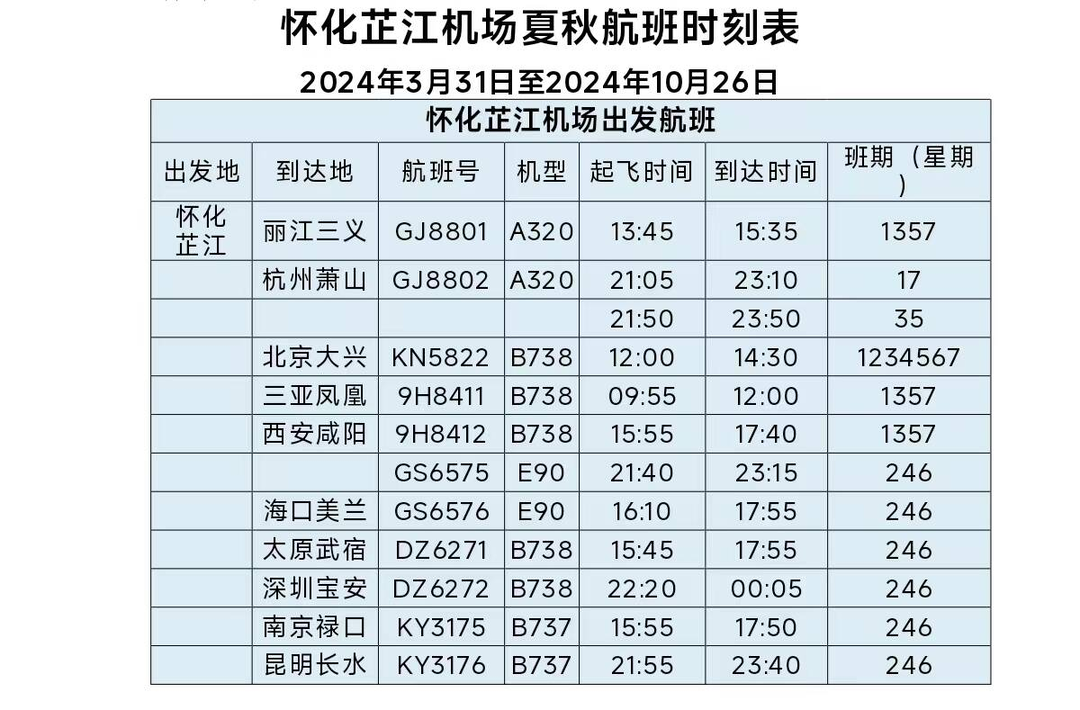 怀化芷江机场3月31日起执行夏秋季航班时刻