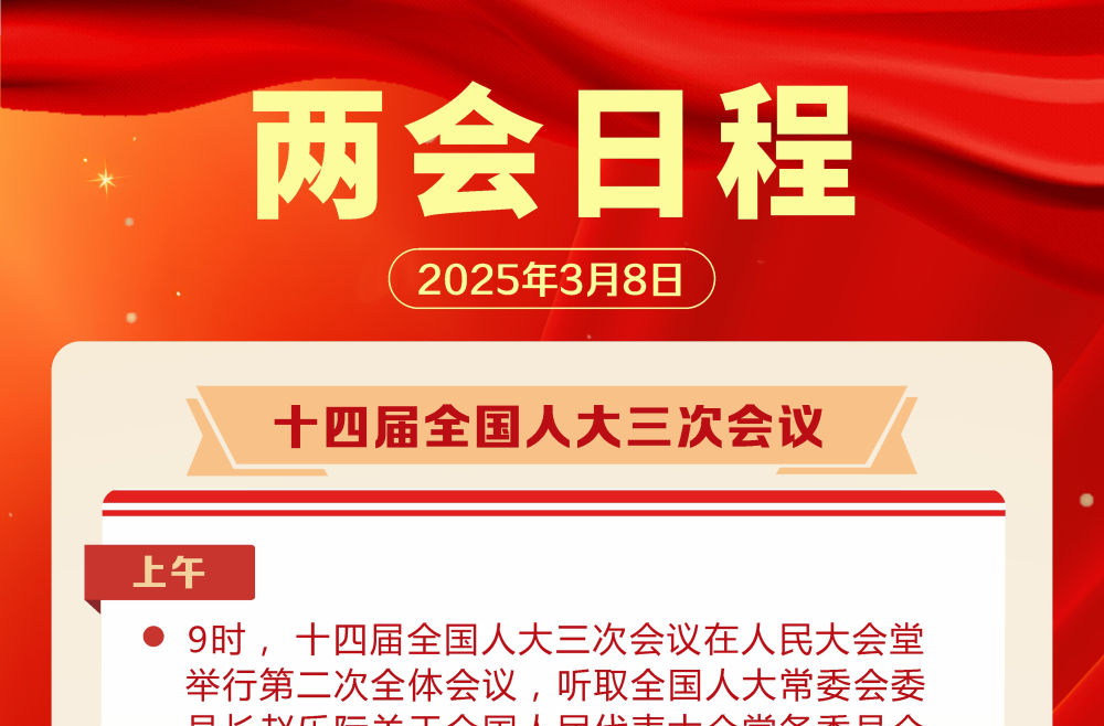 两会日程预告|3月8日：全国人代会举行第二次全体会议 听取全国人大常委会工作报告和“两高”工作报告